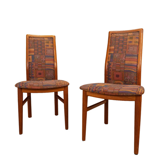 Pair Vintage Danish Teak Side Accent Chairs – Schou Andersen Denmark – Funky 80s Upholstery