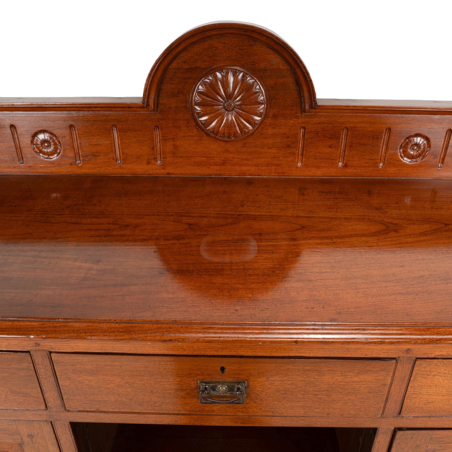 English Edwardian Oak Sideboard Buffet Server Carved Sunflower Motif Cabinet