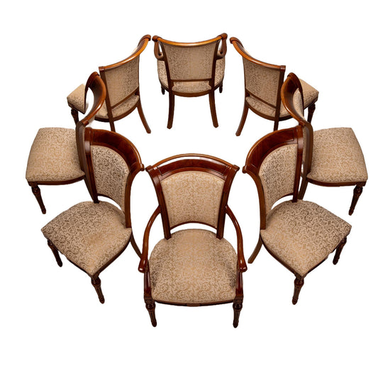 Exquisite French Neoclassic Style Carved Upholstered Dining Chairs - Set of 8 , High End Luxury Seating, Spring Seats, Mahogany Wood