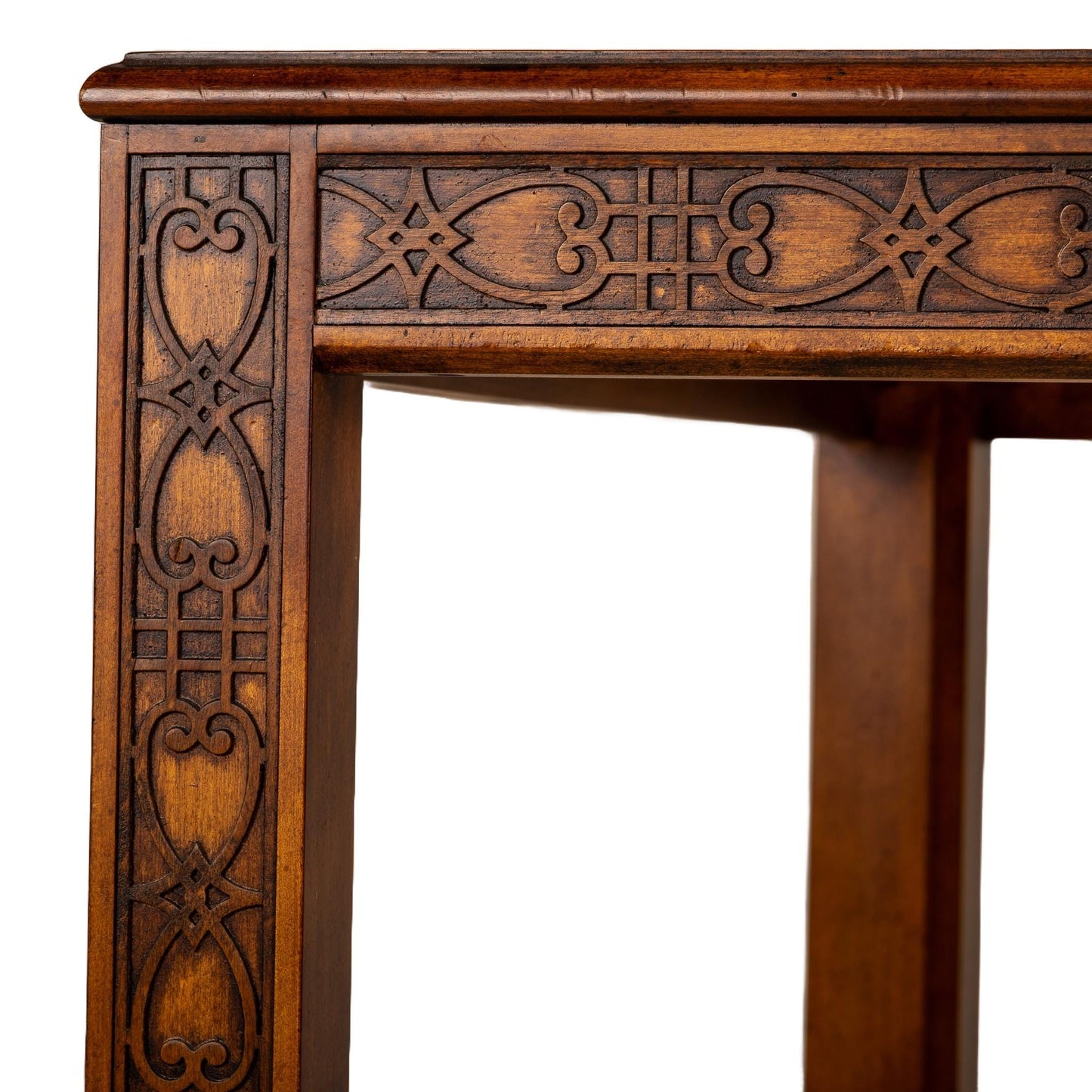 1970s Drexel Heritage Chinese Chippendale Style Carved Wood Glass Top Dining Table , Unique Beautiful Carving Detail Work