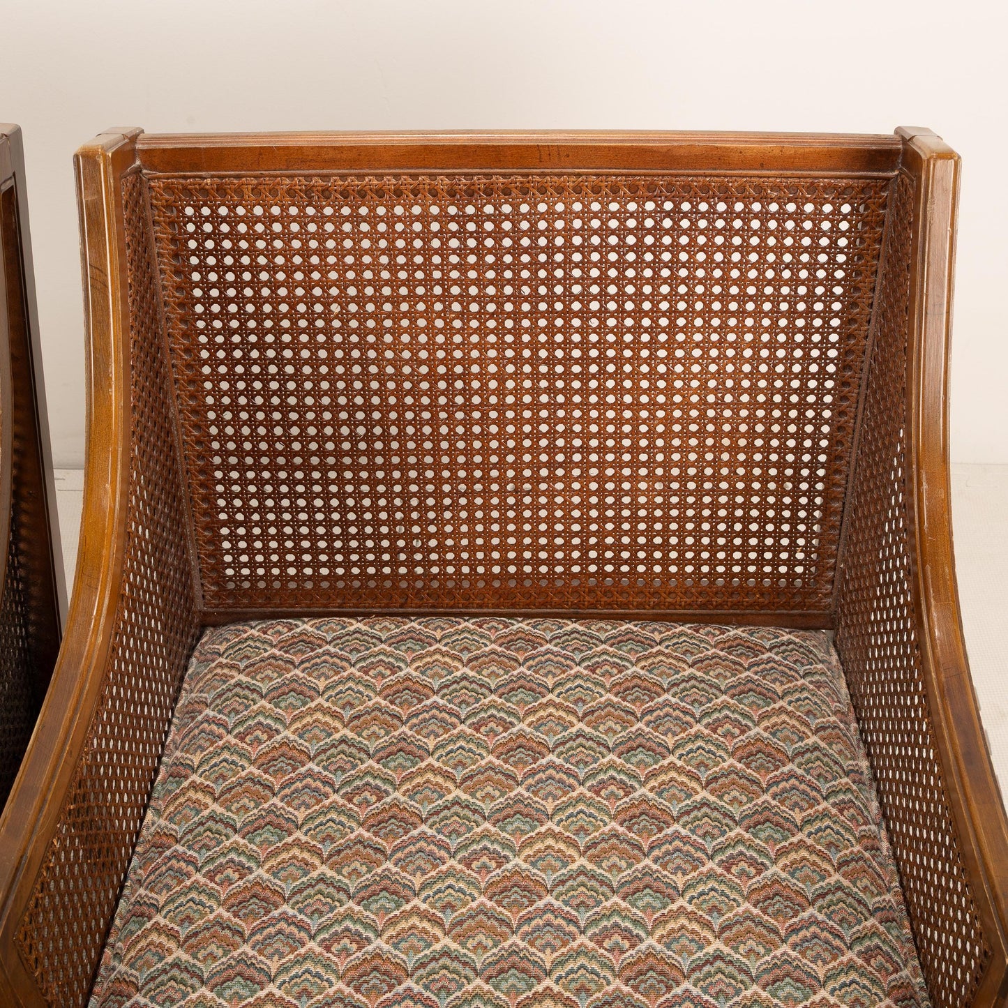 Pair of 1960s French Caned Bergère Chairs – Hollywood Regency Style with Flamestitch Upholstery, Vintage Armchairs Accent Seating