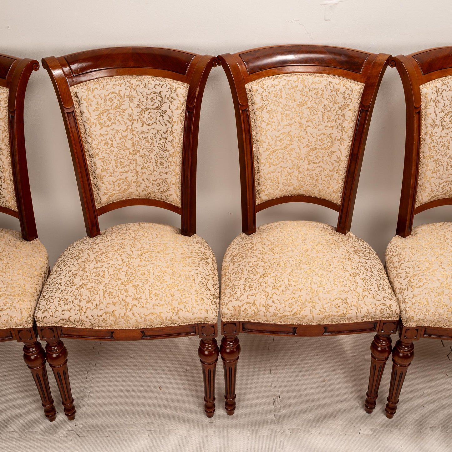 Exquisite French Neoclassic Style Carved Upholstered Dining Chairs - Set of 8 , High End Luxury Seating, Spring Seats, Mahogany Wood