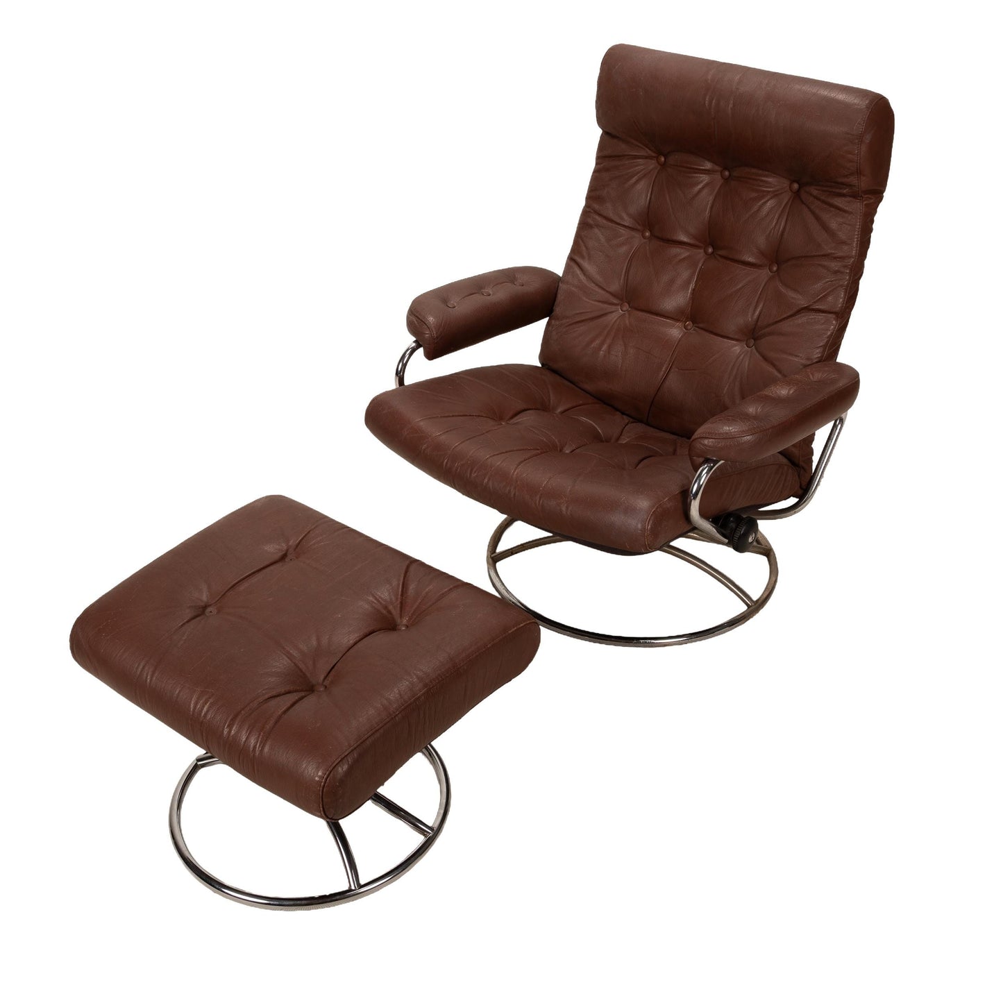 1970s Vintage Ekornes Stressless Recliner & Ottoman in Brown Leather With Chrome Retro Base