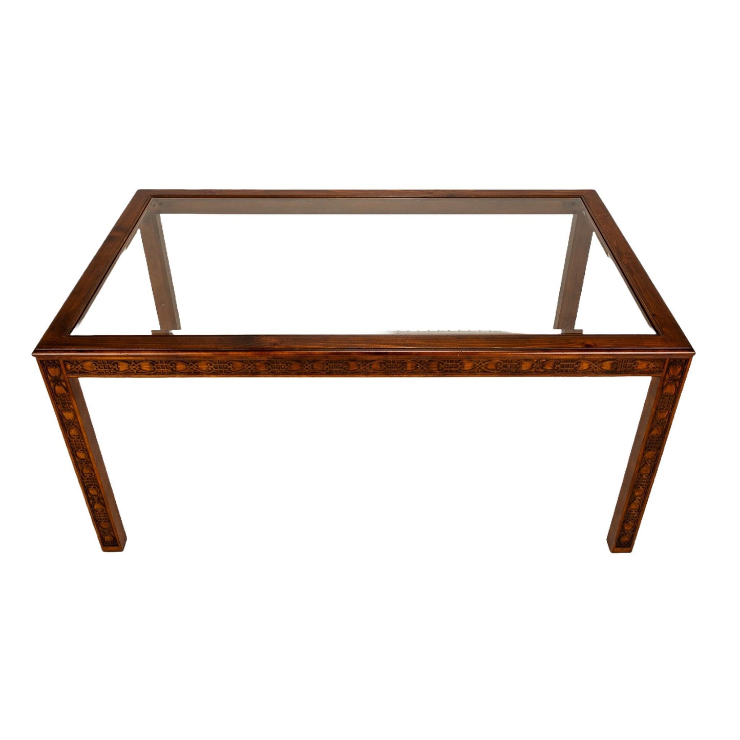 1970s Drexel Heritage Chinese Chippendale Style Carved Wood Glass Top Dining Table , Unique Beautiful Carving Detail Work