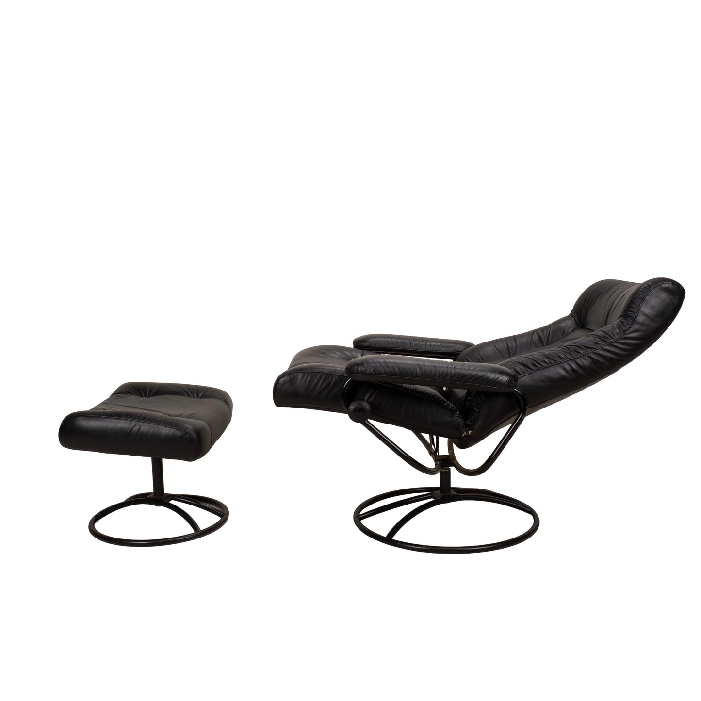 1980s Vintage Ekornes Stressless Black Leather Recliner & Ottoman Made in Norway