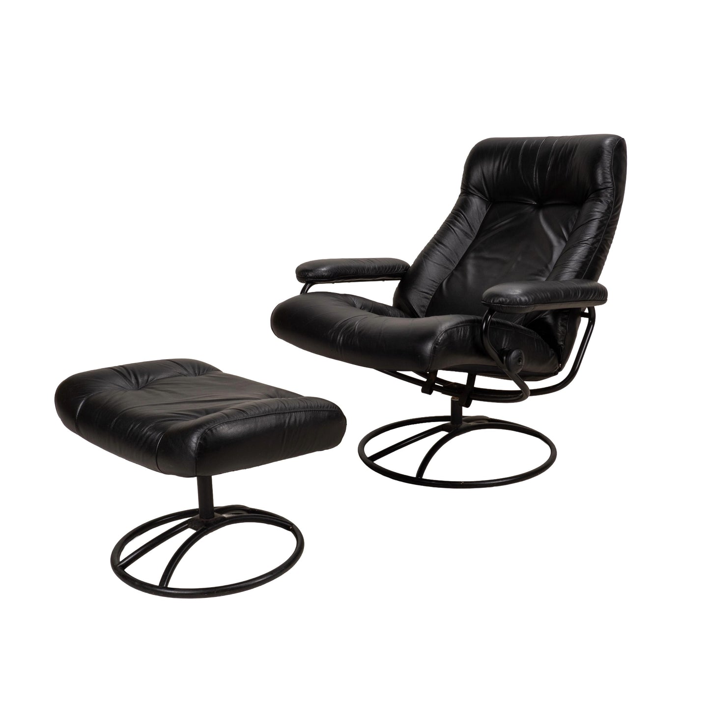 1980s Vintage Ekornes Stressless Black Leather Recliner & Ottoman Made in Norway