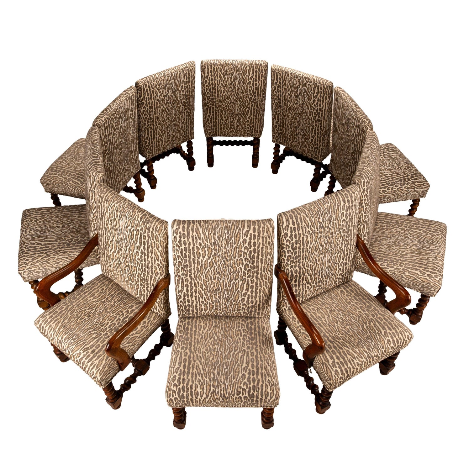Jacobean Style Barley Twist Dining Chairs in Leopard Print Upholstery – Set of 10