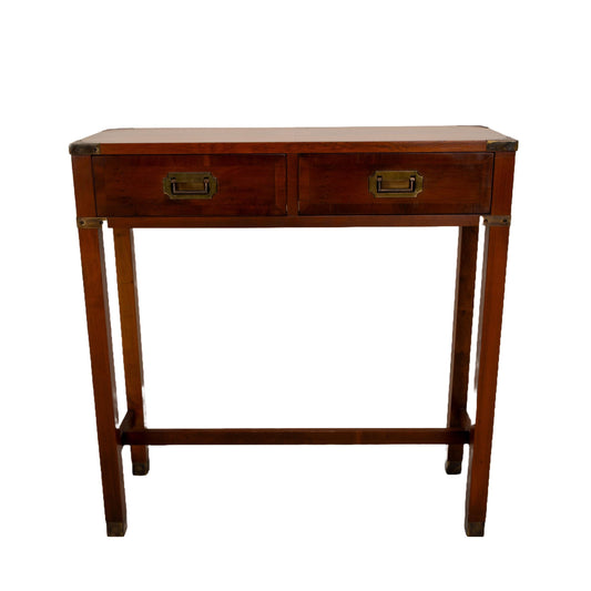 Vintage "Yew Tree" Campaign Style Console Table by Hekman , Hallway / Entry / Bedroom / Closet Table Unique Veneer Pattern Brass Hardware