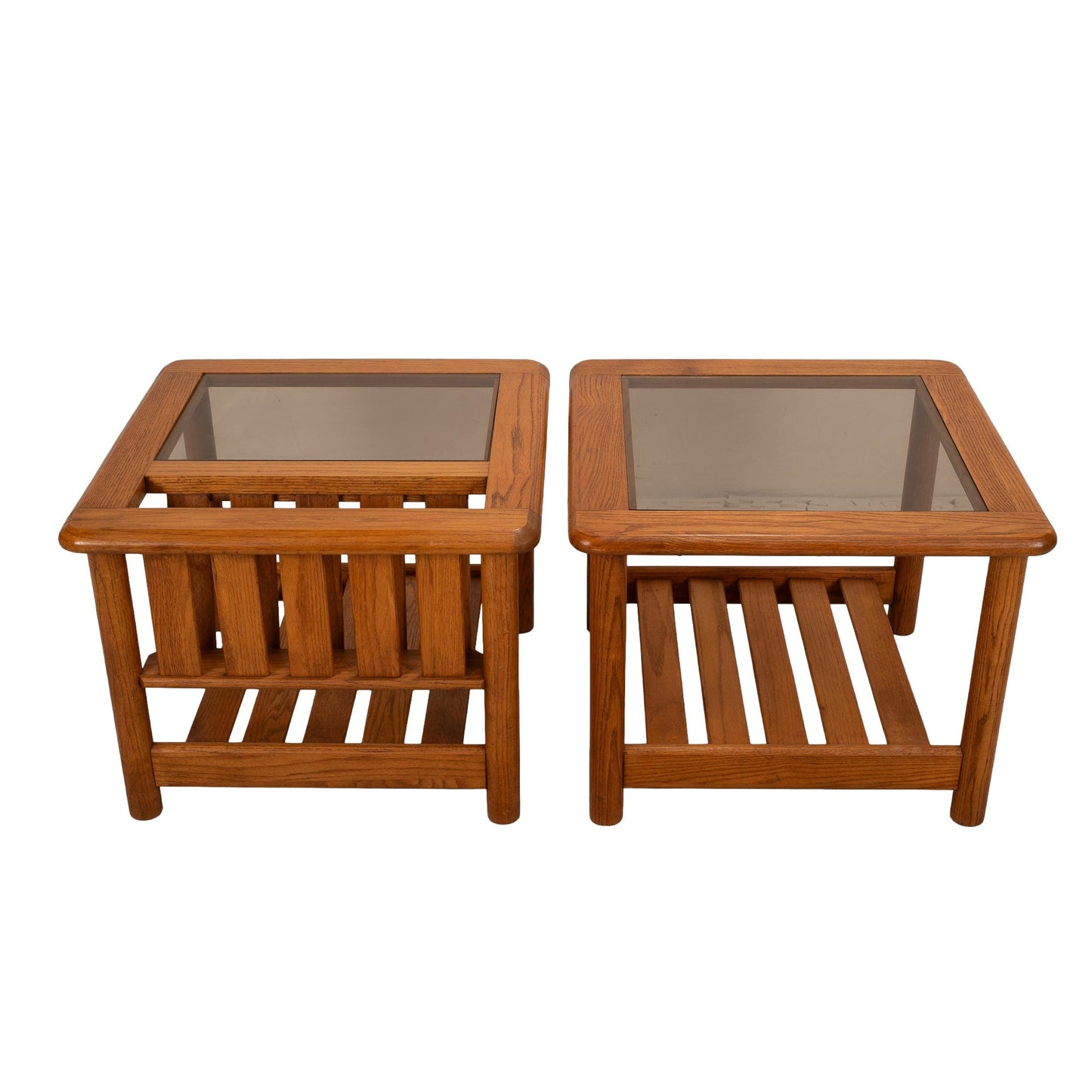 1970's Mersman Solid Oak & Smoked Glass End Tables / Magazine Tables - Set of Two