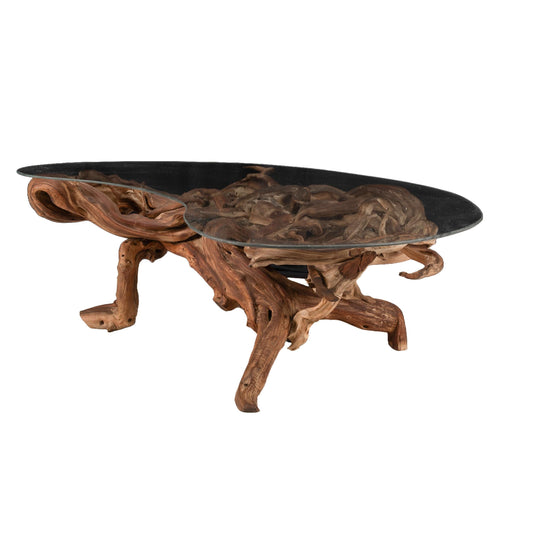 Mid-Century Organic Modern Driftwood Coffee Table – 1960s Sculptural Wood Base w/ Original Biomorphic Kidney Glass Top, Vintage MCM Decor
