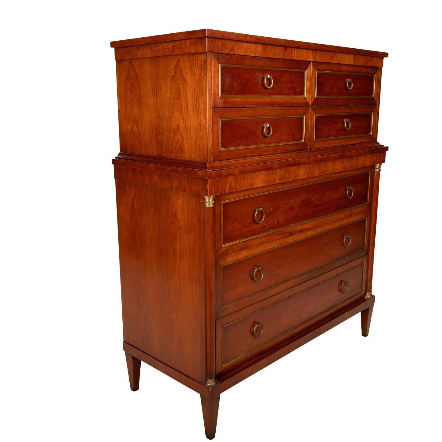 1940s Louis XVI Empire Style Highboy Dresser Brass Hardware, 7 Drawer French Inspired Chest, Vintage Bedroom Furniture, Art Deco Handles