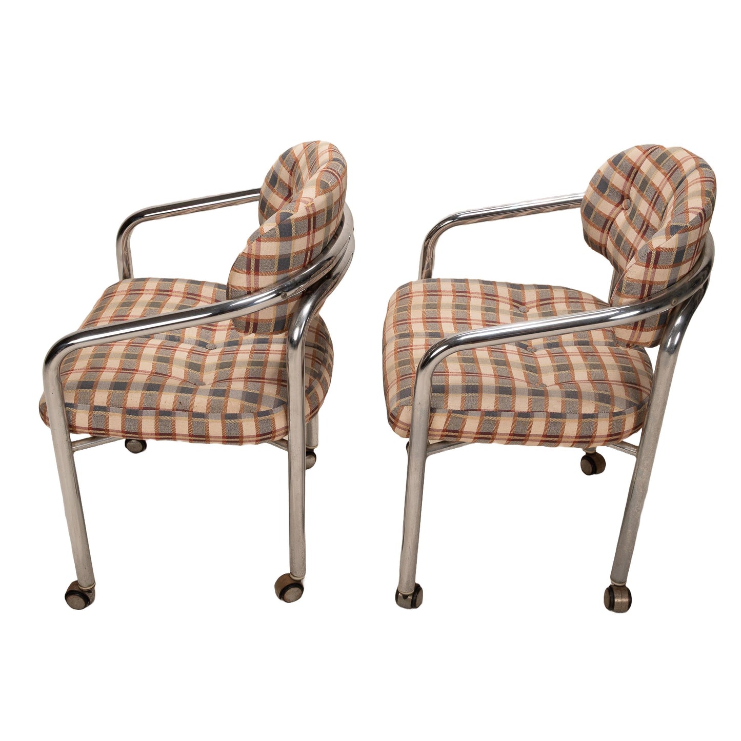 Pair of 1980s Chromcraft for Maas Brothers Postmodern Tubular Chrome Rolling Arm Chairs – Vintage Sculptural Office or Accent Seating