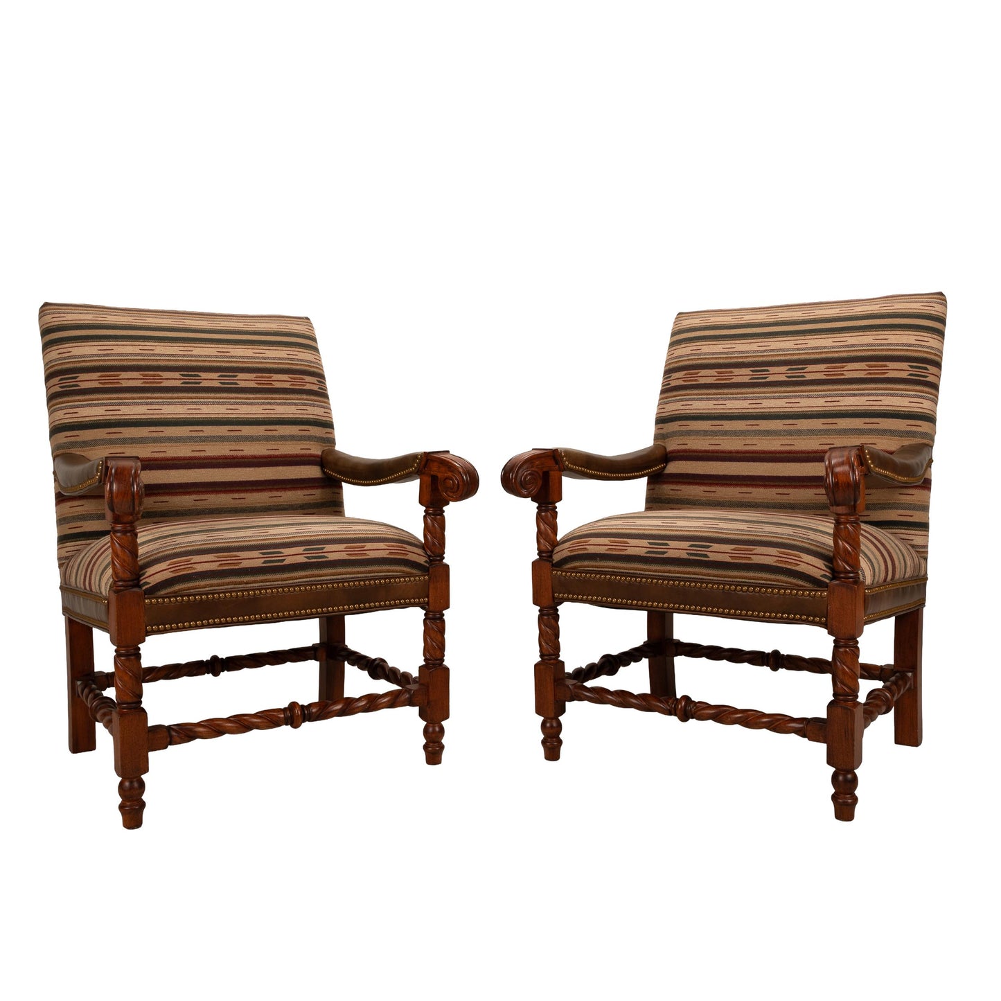 Hancock & Moore Louis XIII French Style Barley Twist Throne Armchairs W/ Southwestern Wool Geometric Fabric