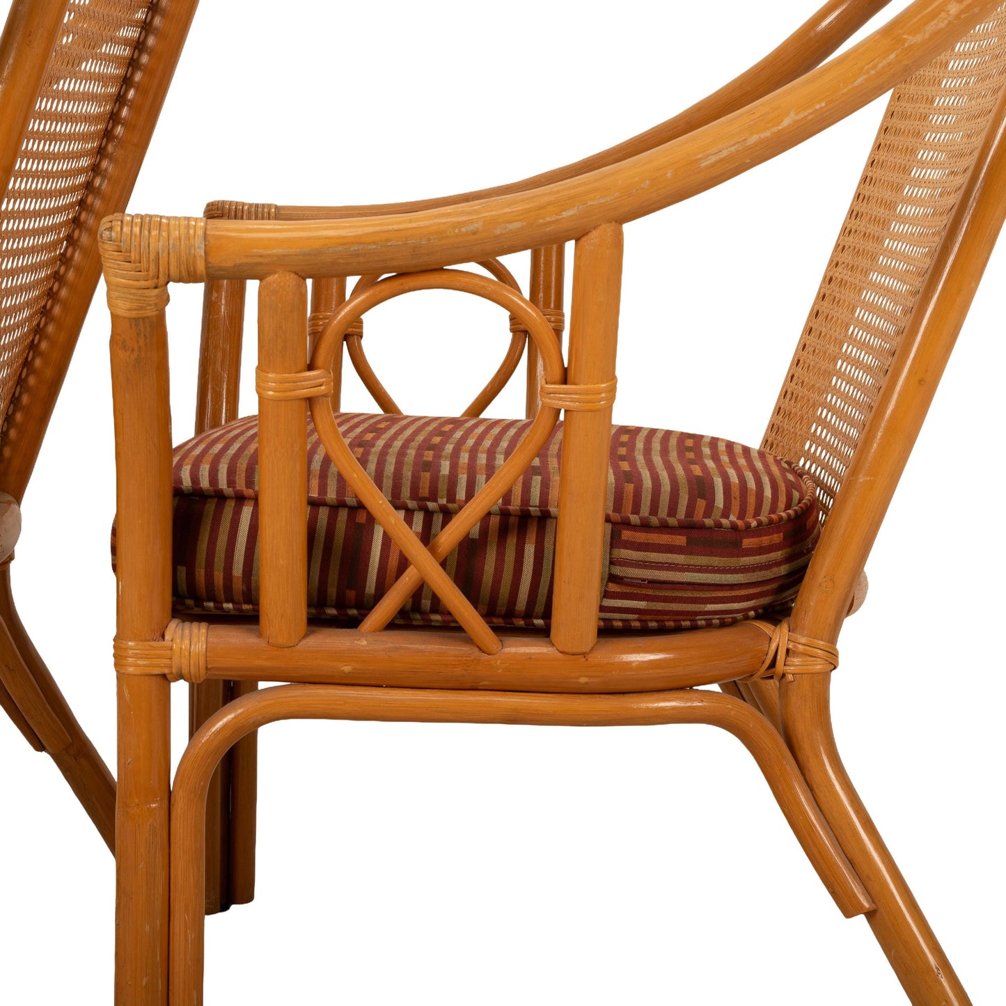 Mid Century Cane and Bamboo Coastal Side Chairs W/ Cushions & Caned Backs - A Pair, Tropical Palm Beach Style Decor