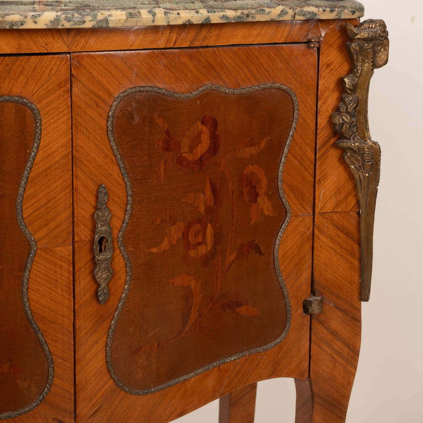 Antique French Louis XV Style Commode W/ Green Marble Top & Marquetry Inlay