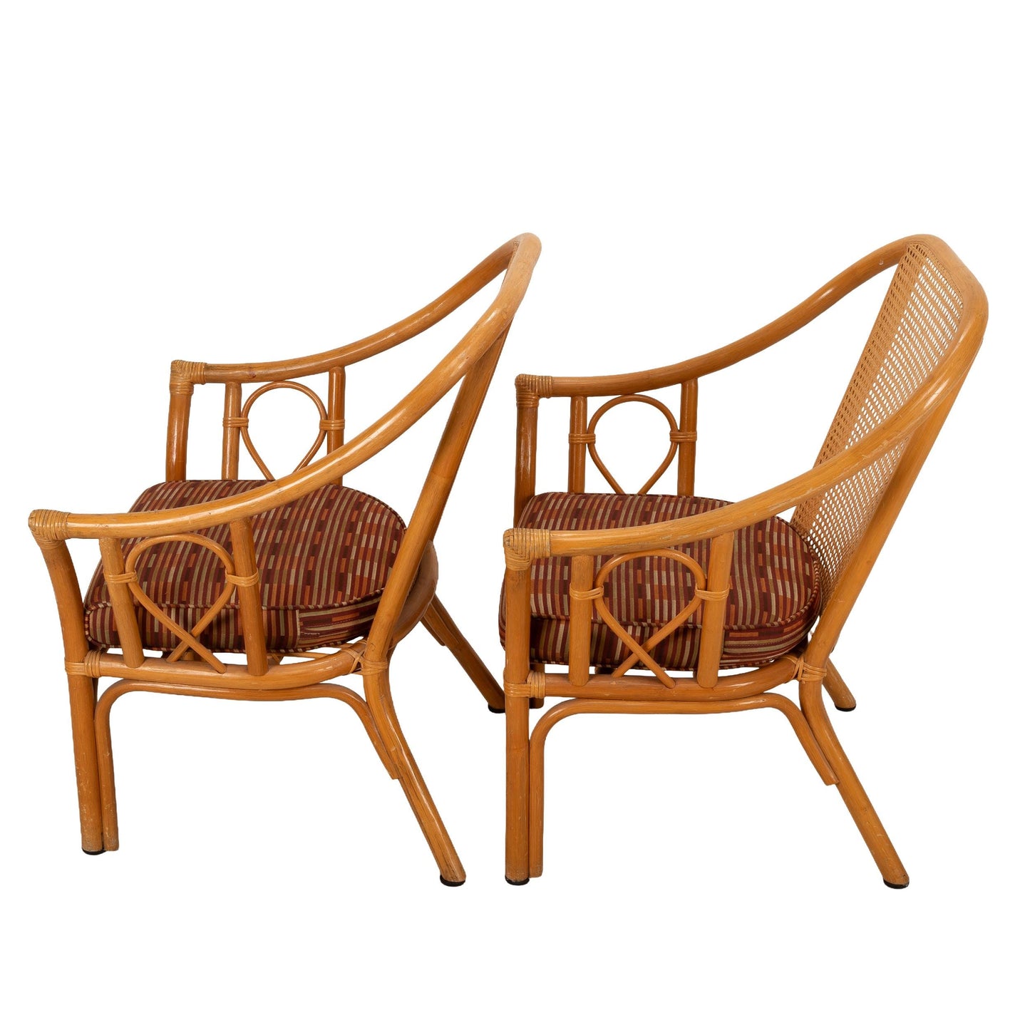Mid Century Cane and Bamboo Coastal Side Chairs W/ Cushions & Caned Backs - A Pair, Tropical Palm Beach Style Decor