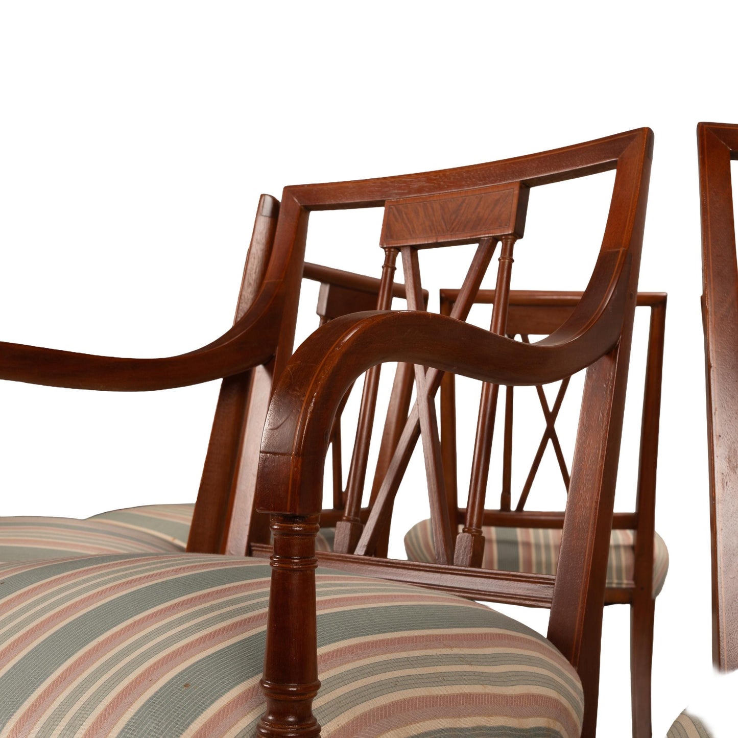 Flame Mahogany Regency Style Dining Chairs – Sculpted Arms & Inlaid X-Backs - Set of 8