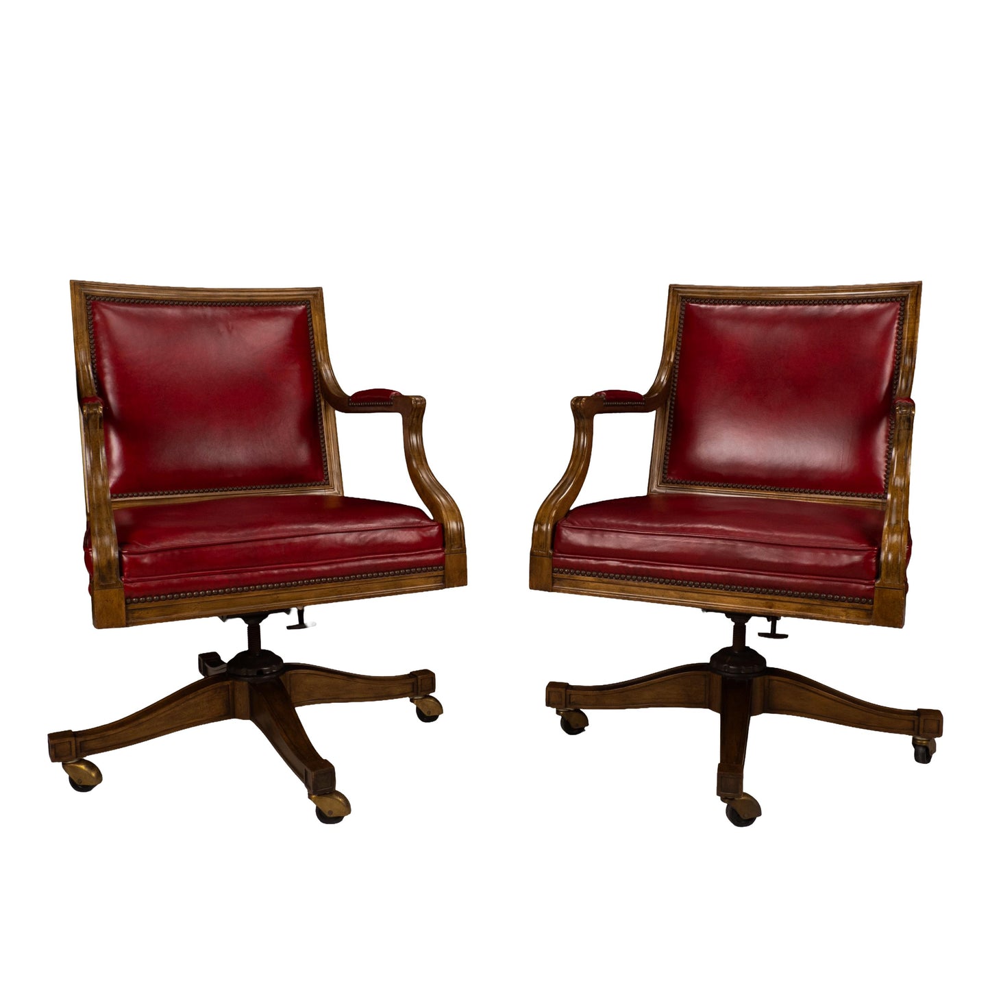 Pair of Baker Furniture Rolling Executive Chairs in Carved Wood & Burgundy Vinyl Upholstery