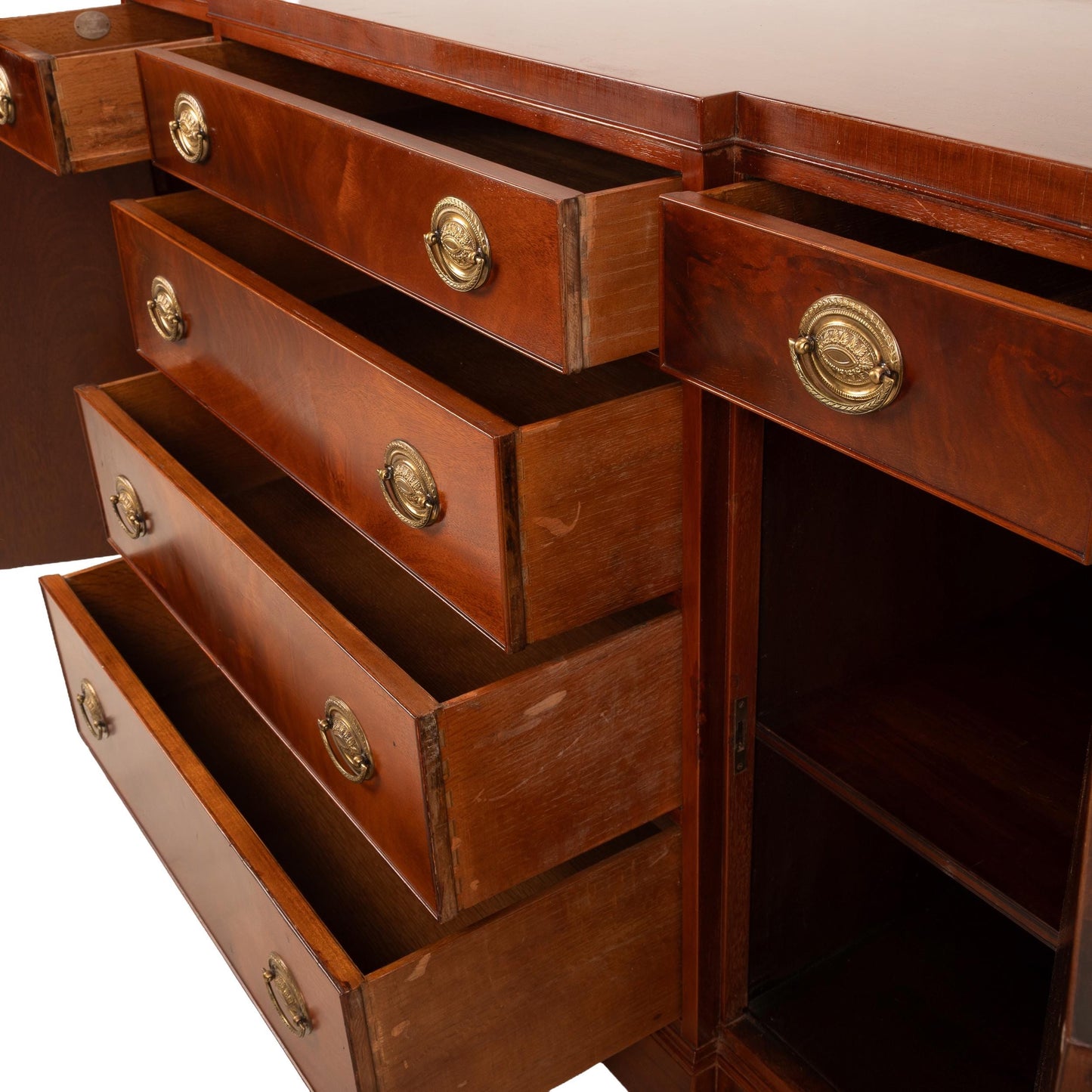 Baker Furniture Flamed Mahogany Sideboard With Brass Pulls & Locking Cabinets