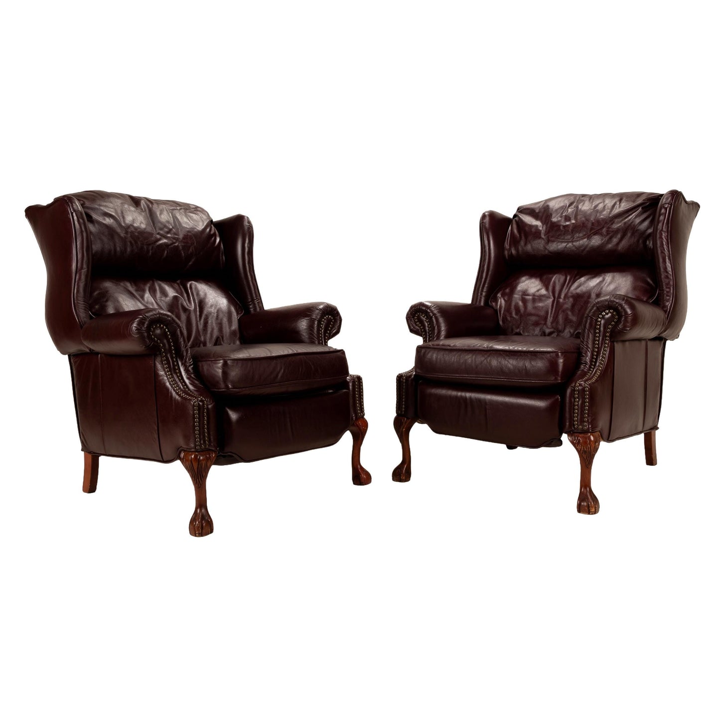 Vintage Barcalounger Recliner Chairs – Burgundy Leather Wingback Pair W/ Nailhead Trim, Traditional Club Style, Comfortable Seating USA Made