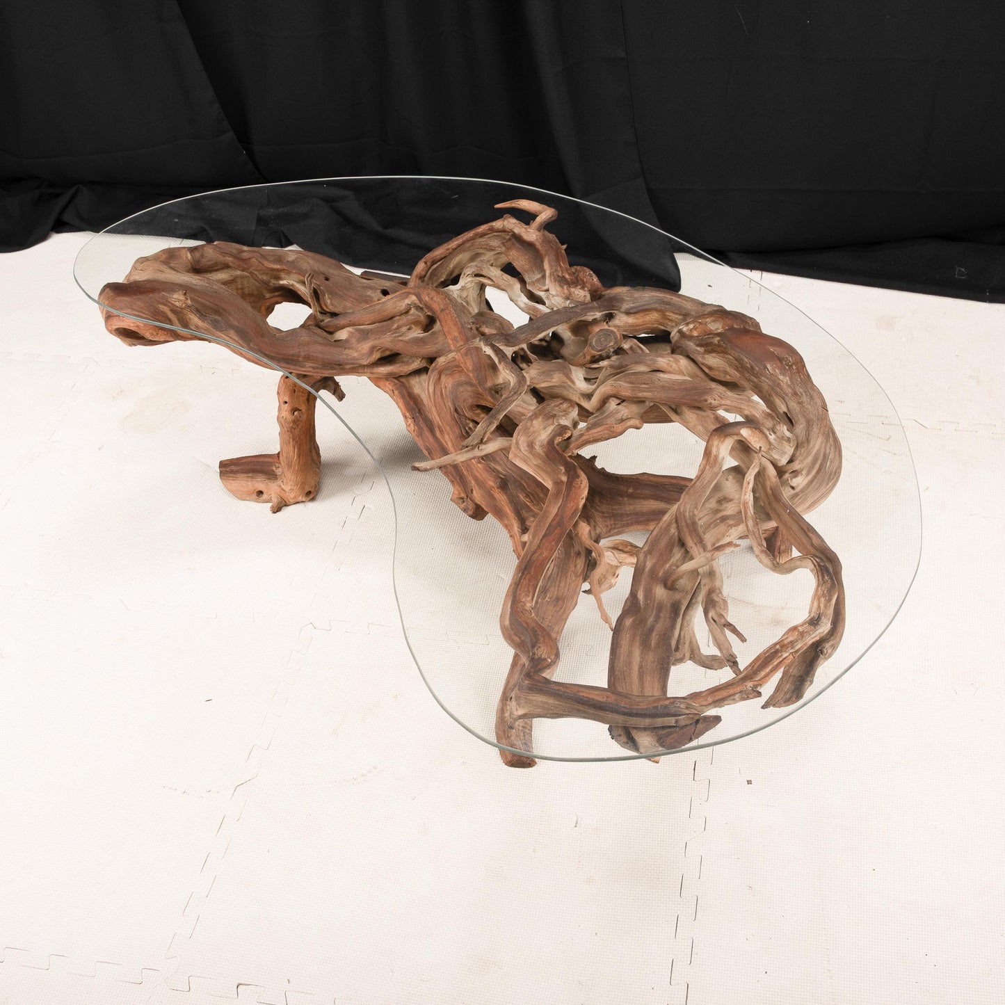 Mid-Century Organic Modern Driftwood Coffee Table – 1960s Sculptural Wood Base w/ Original Biomorphic Kidney Glass Top, Vintage MCM Decor