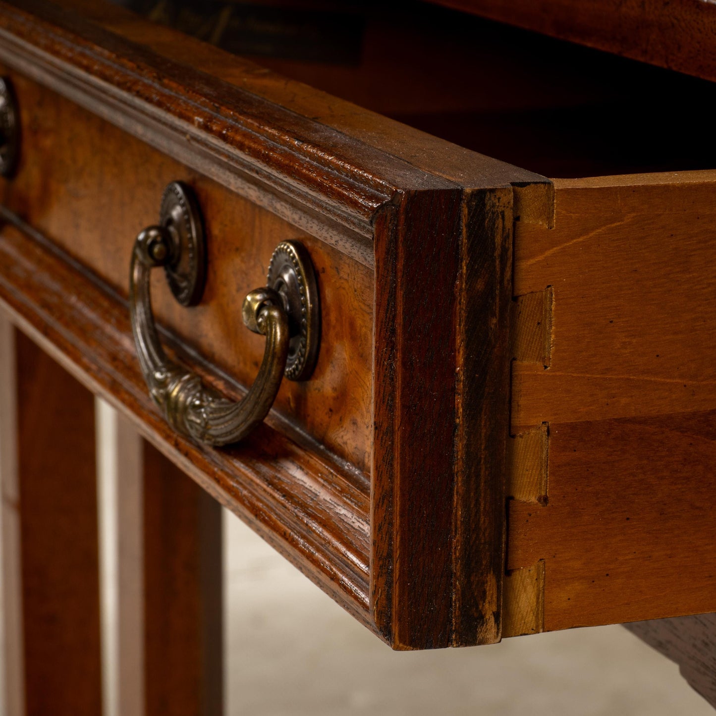 Vintage Burl Walnut Nightstands by Fine Arts Furniture With Brass Handles - A Pair