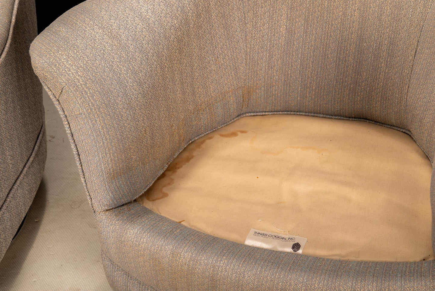 1989 Milo Baughman for Thayer Coggin Swivel Tub Lounge Chairs - A Pair , Hollywood Regency MCM Gold Trimmed Base USA Shipping Available