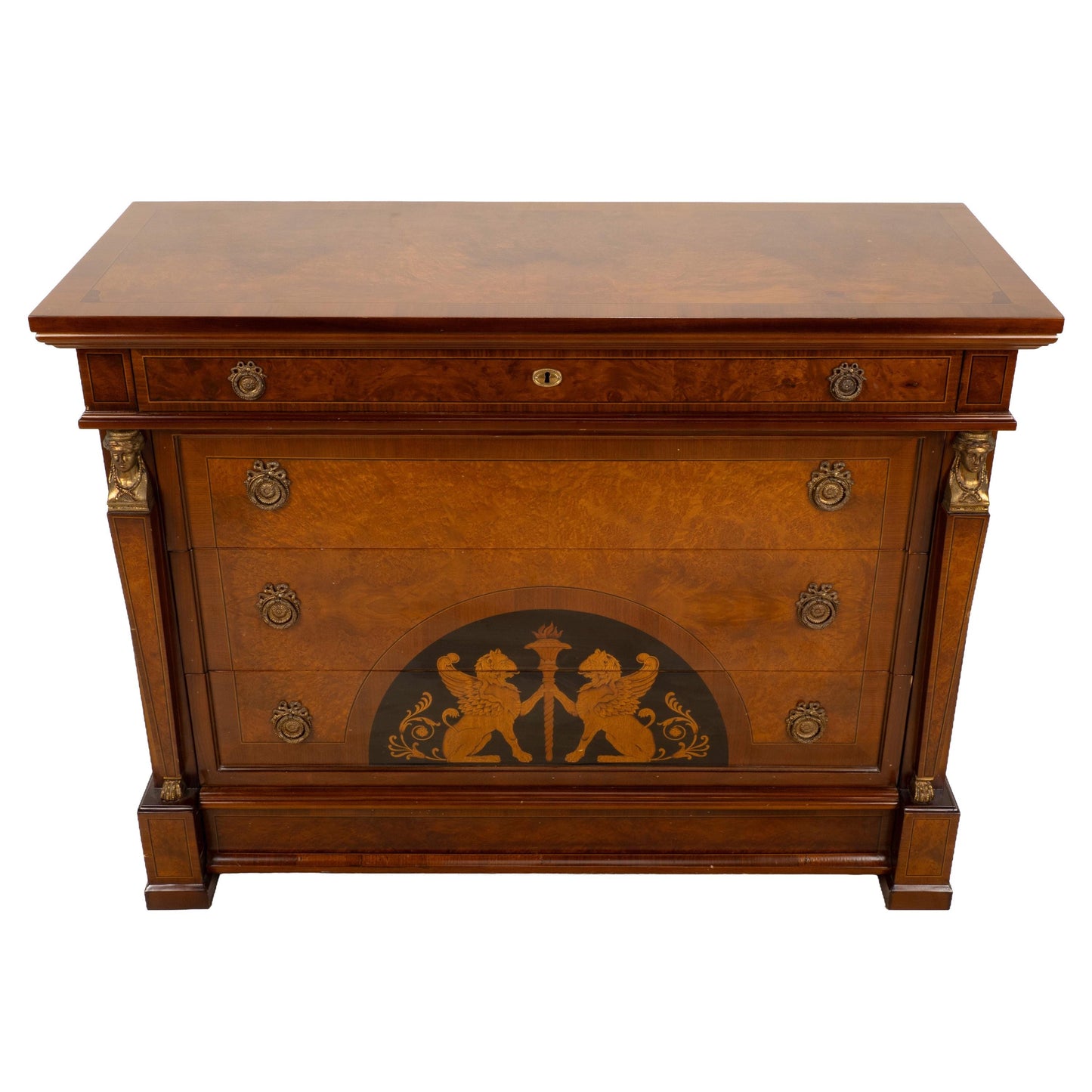 Empire Style Chest of Drawers W/ Griffin Motifs &Hidden Drawer, Neoclassical Dresser