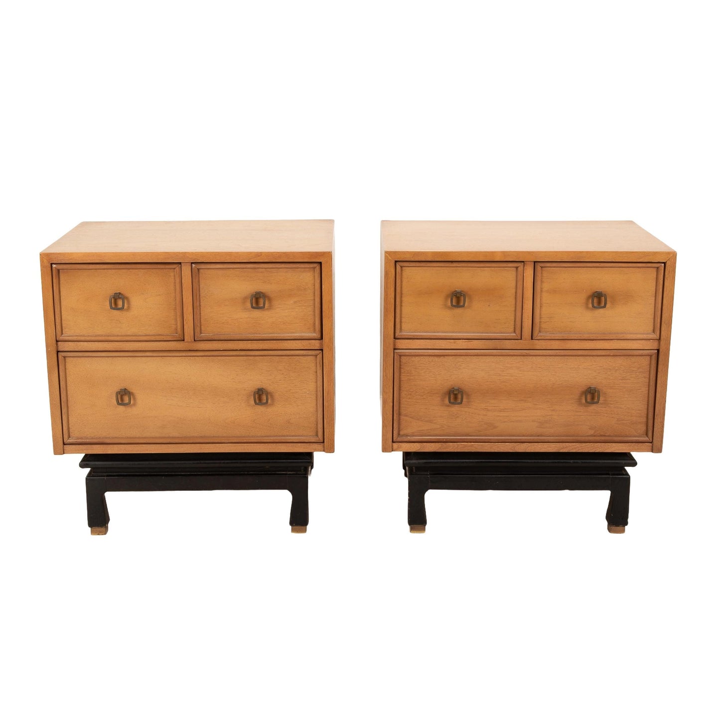 Pair of American of Martinsville Nightstands – Asian Inspired Blonde Walnut, Mid Century Modern 3-Drawer Side Tables, Vintage MCM