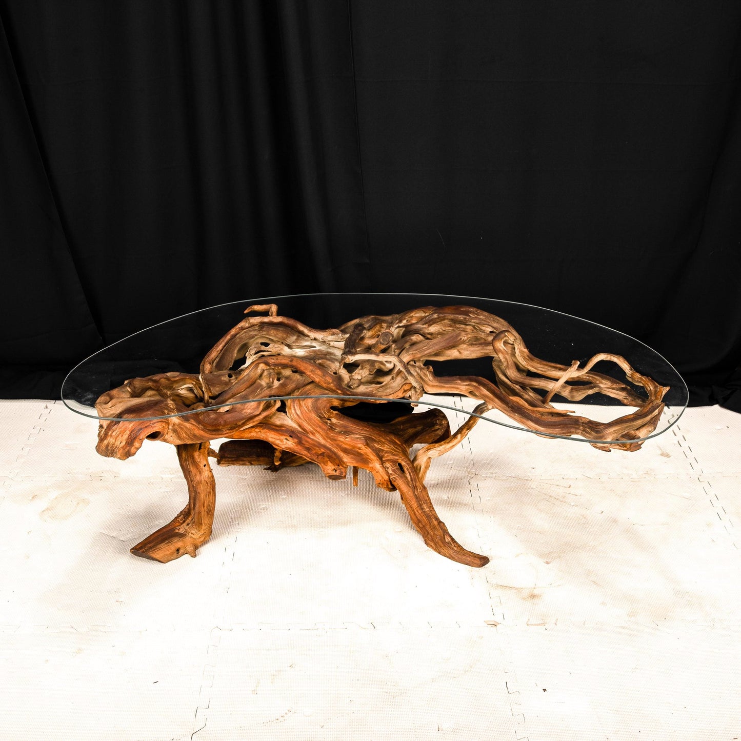 Mid-Century Organic Modern Driftwood Coffee Table – 1960s Sculptural Wood Base w/ Original Biomorphic Kidney Glass Top, Vintage MCM Decor