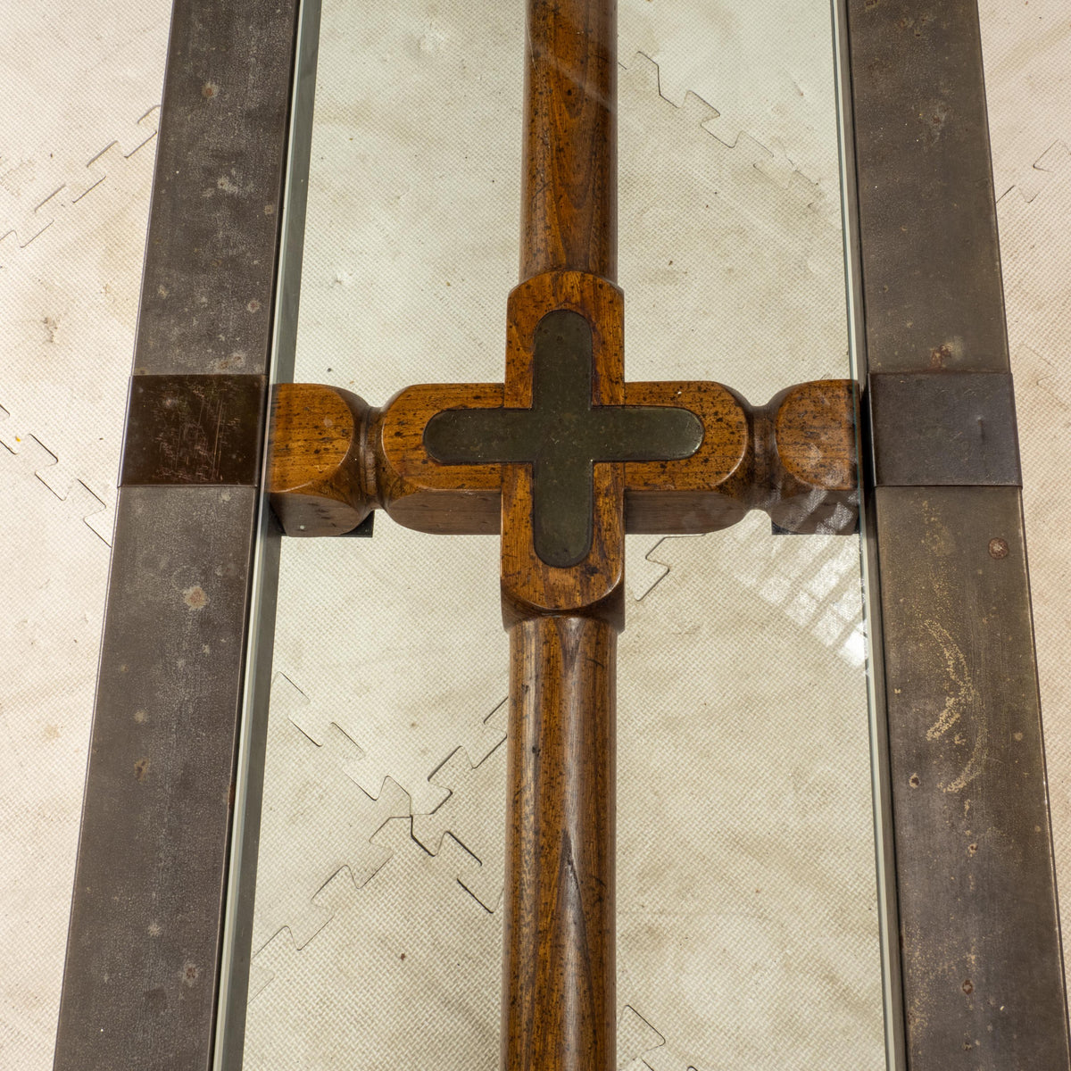 Vintage Brutalist Iron, Brass & Wood Console Table W/ Thick Beveled Glass Insert