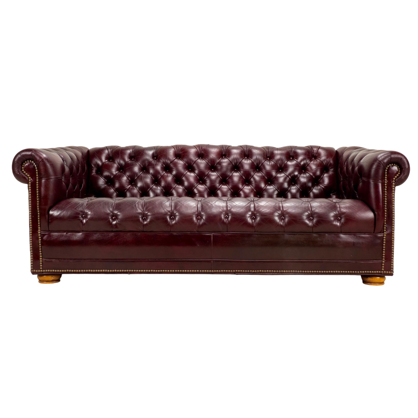 Vintage 1970s Tufted English Chesterfield Style Burgundy Leather Sofa 76"