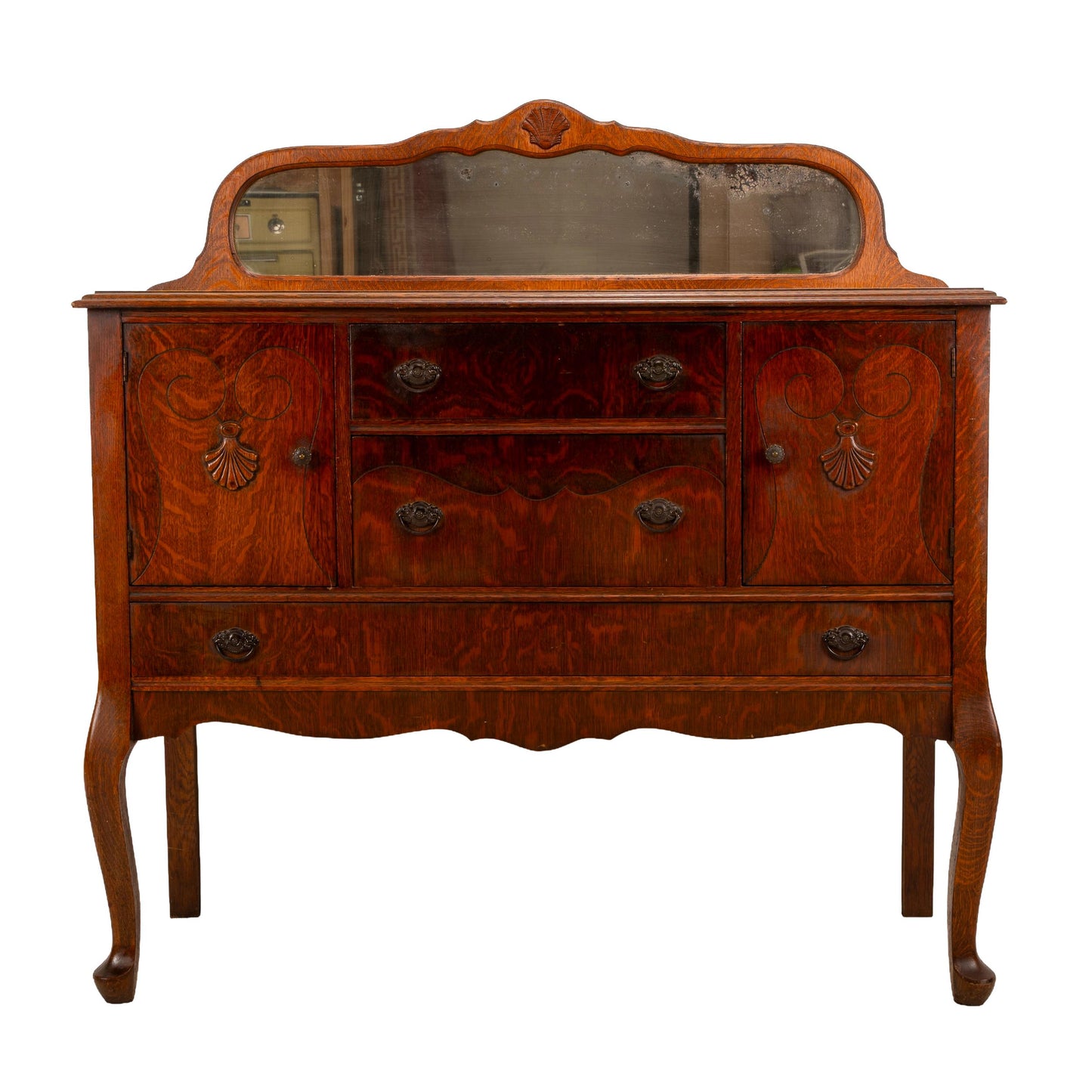 Antique Tiger Oak Carved Sideboard Buffet W/ Original Beveled Mirror & Shell Details