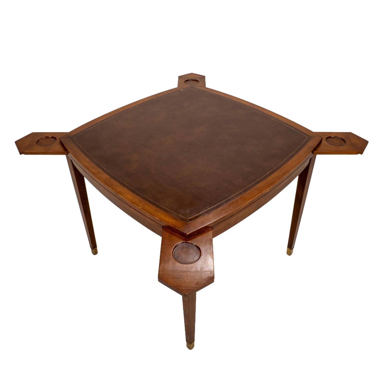 Vintage Old Colony Beacon Hill Walnut & Leather Games Table W/ Hidden Drink Holders