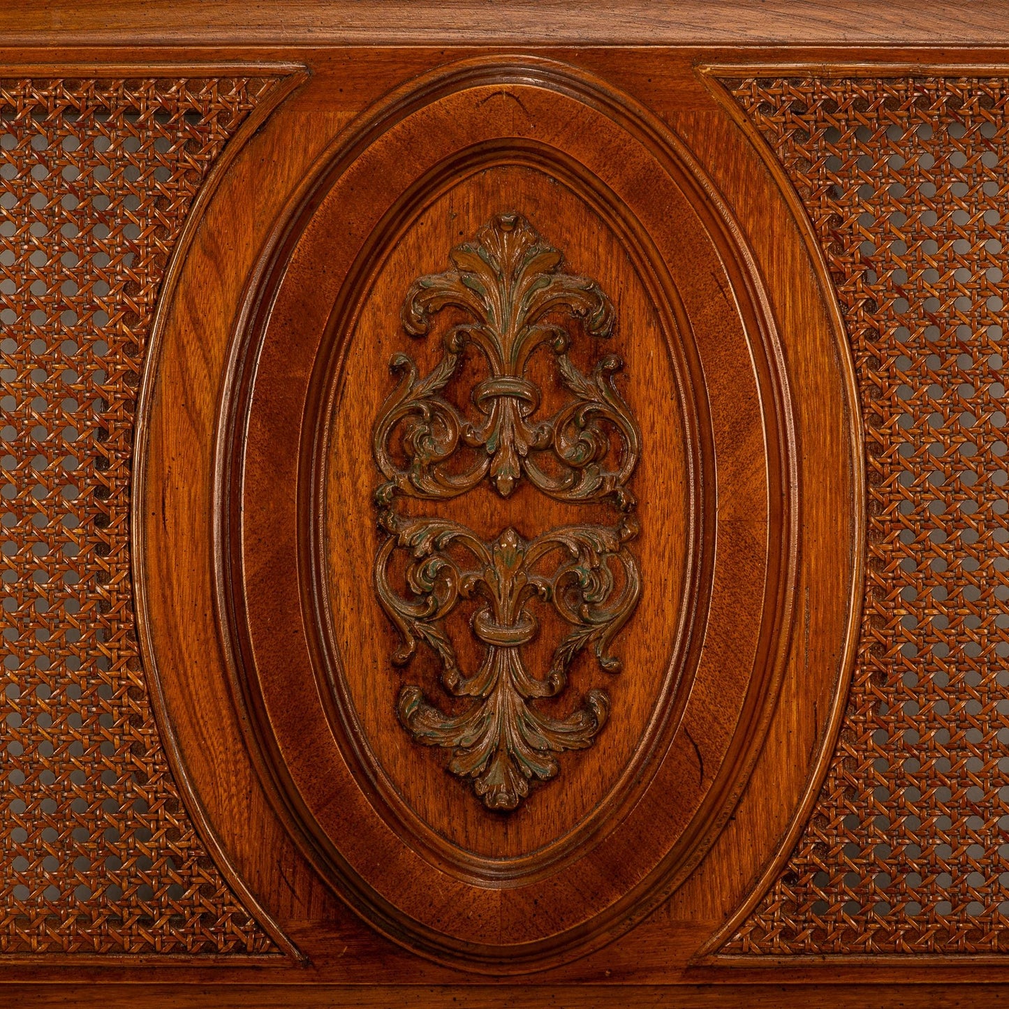 1970s French Regency Louis XVI Wood & Cane King Size Headboard - Gorgeous Detail Work, Wicker Back Caning, Unique Piece, USA Shipping Avail