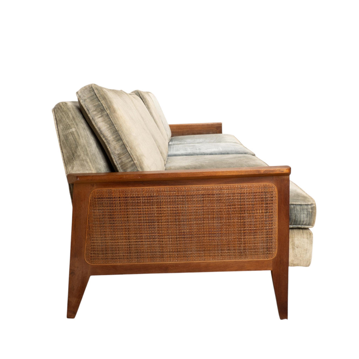 1960s Mid Century Modern 101" Caned Walnut Velvet Sofa for Reupholstery