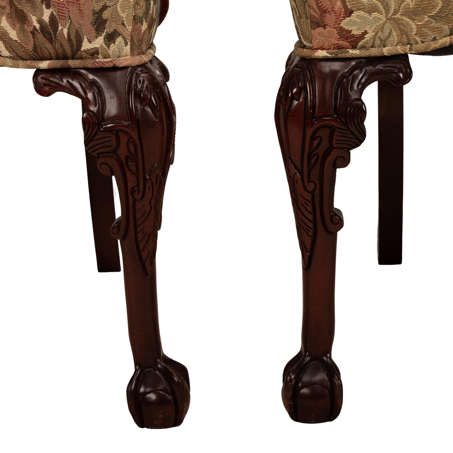 George II Revival Open Arm Floral Claw Footed Arm Chairs – Pair, Vintage Antique English Style Seating, Elegant Upholstered Chairs