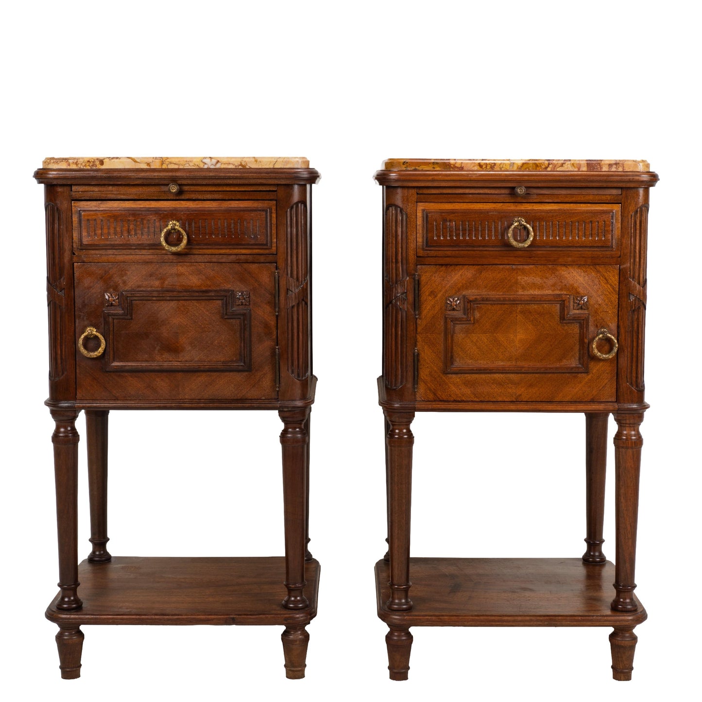Antique French Louis XVI Style Marble Top Ceramic Lined Nightstands - A Pair