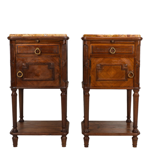 Antique French Louis XVI Style Marble Top Ceramic Lined Nightstands - A Pair