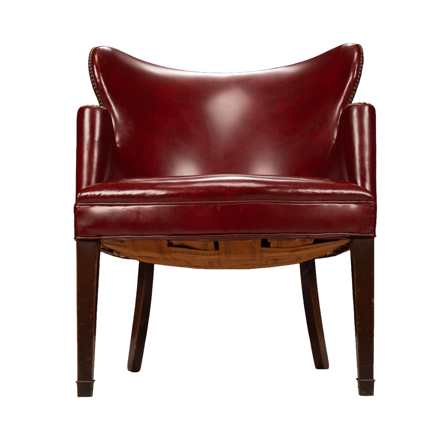 1950s Burgundy Red Vinyl Wingback Club Chair | Studded Library Lounge Armchair | Mid Century Accent Seating