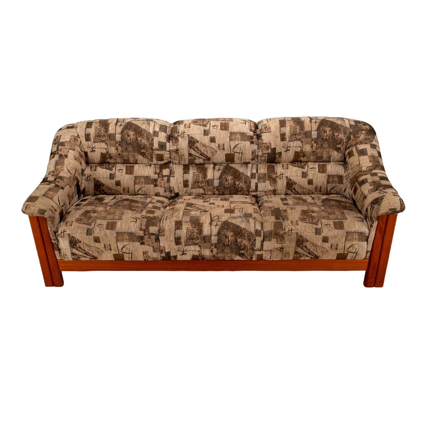 1980s Scandinavian Mid Century Modern Style Teak Upholstered Sofa Postmodern Print Fabric Statement Piece Unique Furniture