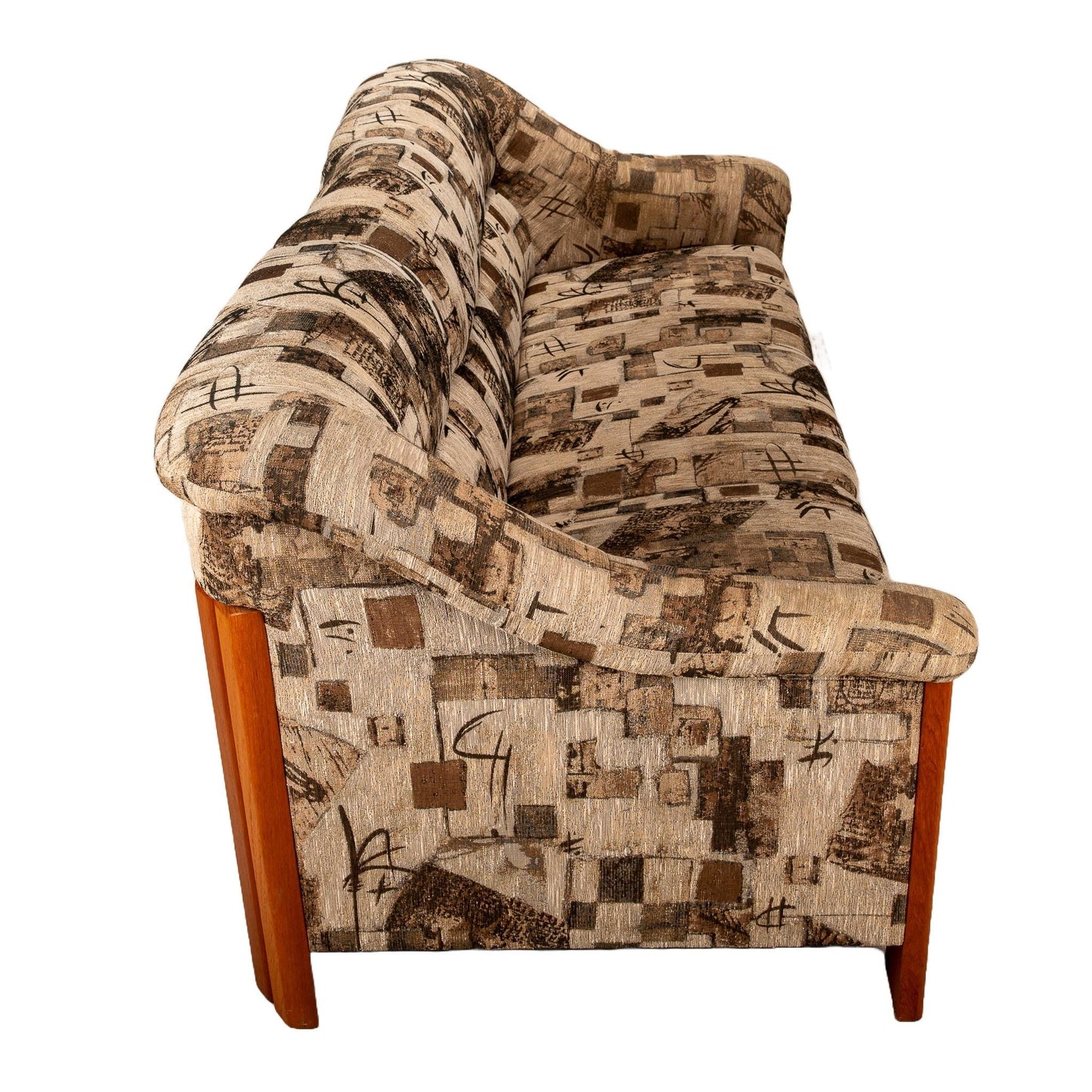 1980s Scandinavian Mid Century Modern Style Teak Upholstered Sofa Postmodern Print Fabric Statement Piece Unique Furniture