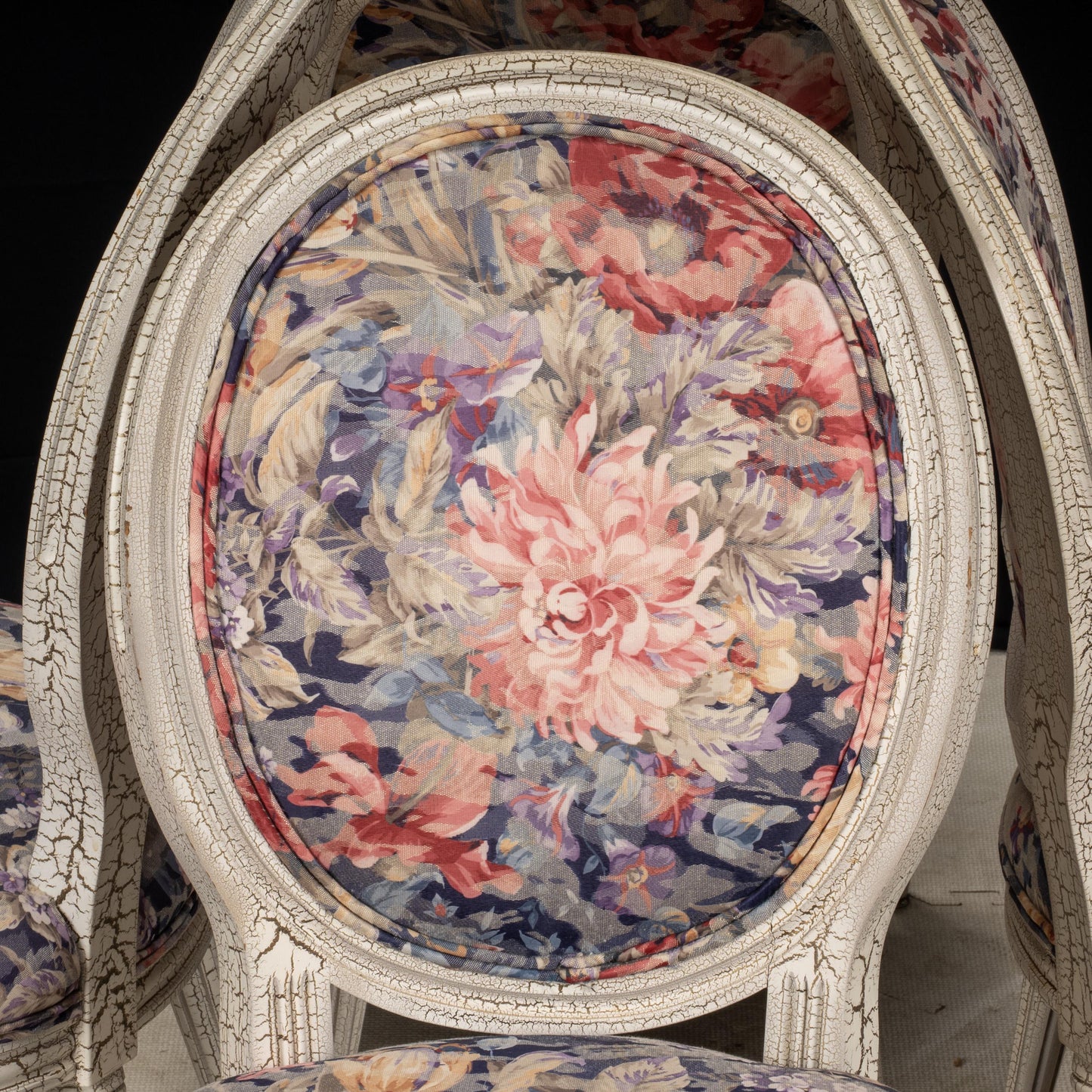 French Style Shabby Chic Dining Chairs Floral Upholstery Distressed Crackle Finish - Set of 4