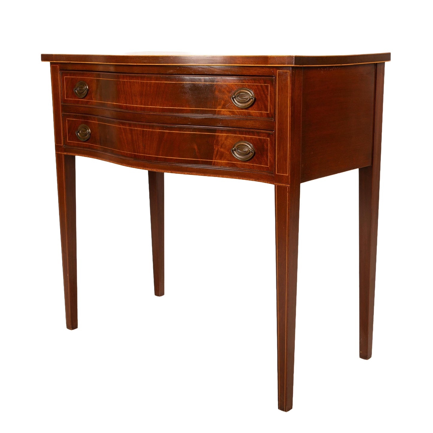 Vintage Federal Style Bow-Front Two-Drawer Console Table W/ Flamed Mahogany Details and Brass Hardware