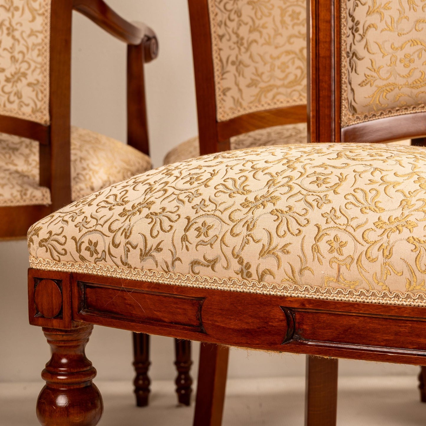Exquisite French Neoclassic Style Carved Upholstered Dining Chairs - Set of 8 , High End Luxury Seating, Spring Seats, Mahogany Wood