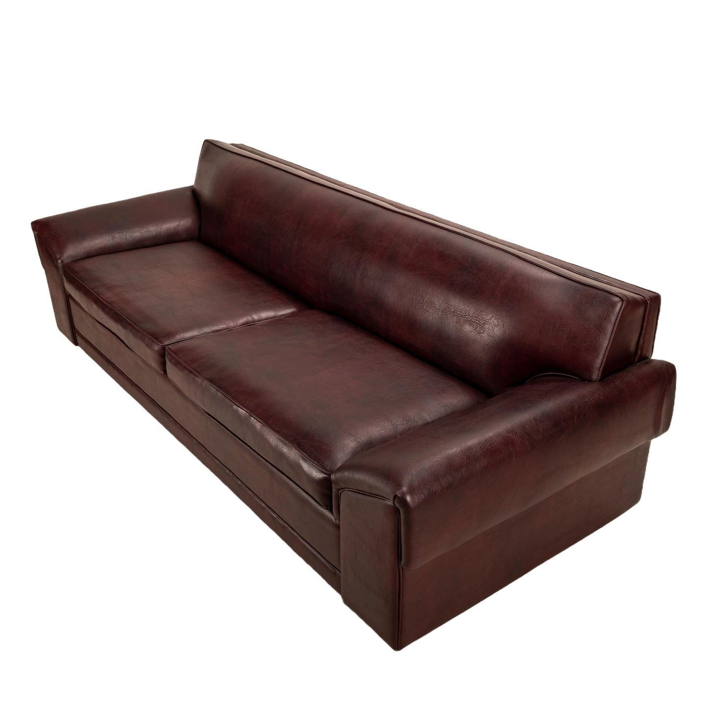 1960s Mid Century Modern Castro Convertible Naugahyde Long Sofa in Dark Burgundy , MCM Retro Mod Lowrider Couch USA Shipping Available