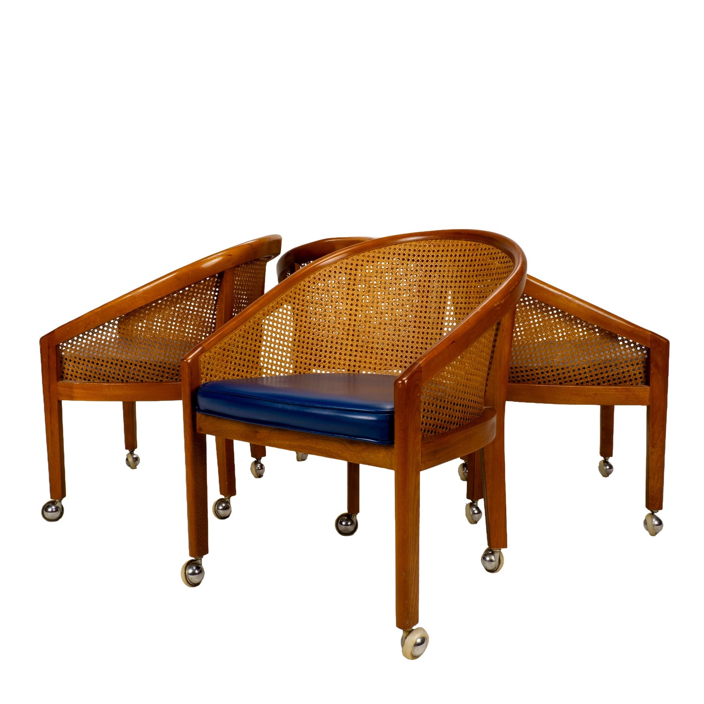 Set of 4 Bent Oak & Cane Tub Chairs on Casters W/ Royal Blue Cushions in the Manner of Ward Bennett