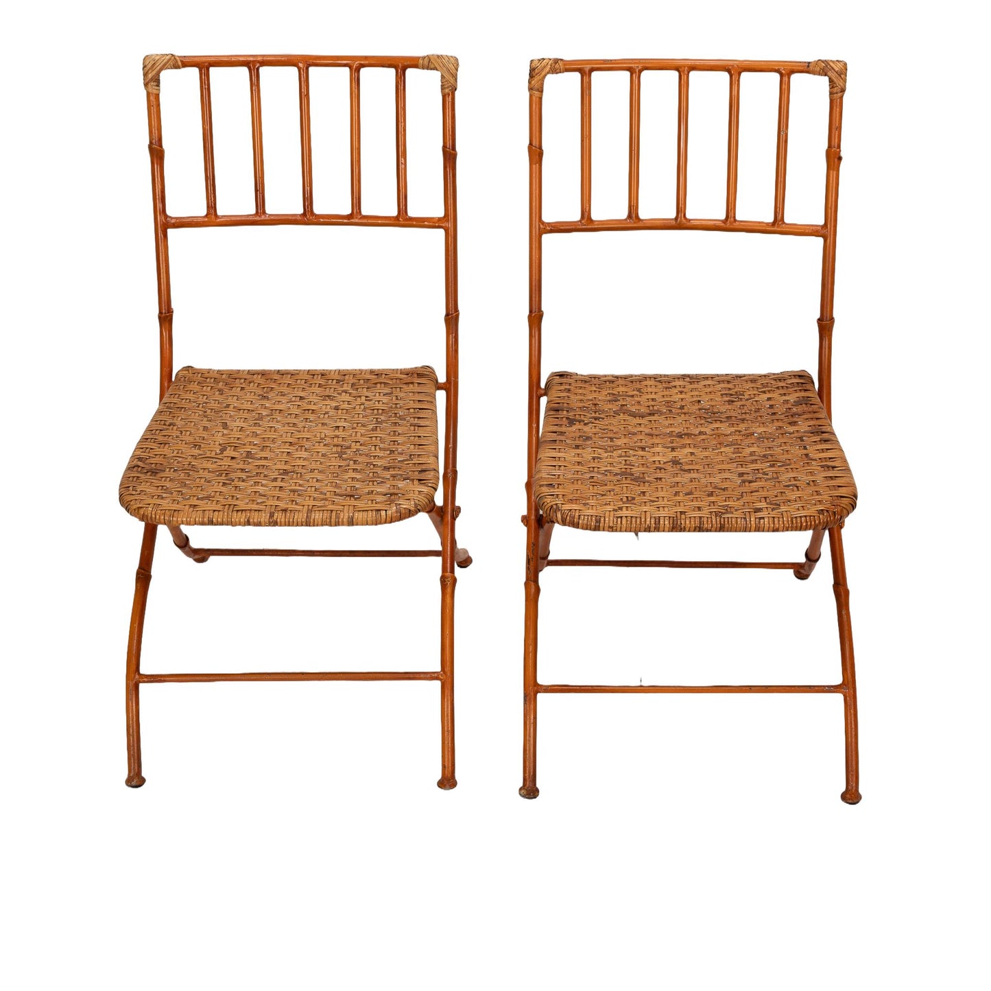 Mid Century Pair of French Iron Faux Bamboo & Wicker Folding Chairs - Boho Chic Unique Statement Pieces, Elegant Design, USA Shipping Avail.