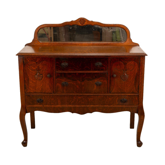 Antique Tiger Oak Carved Sideboard Buffet W/ Original Beveled Mirror & Shell Details