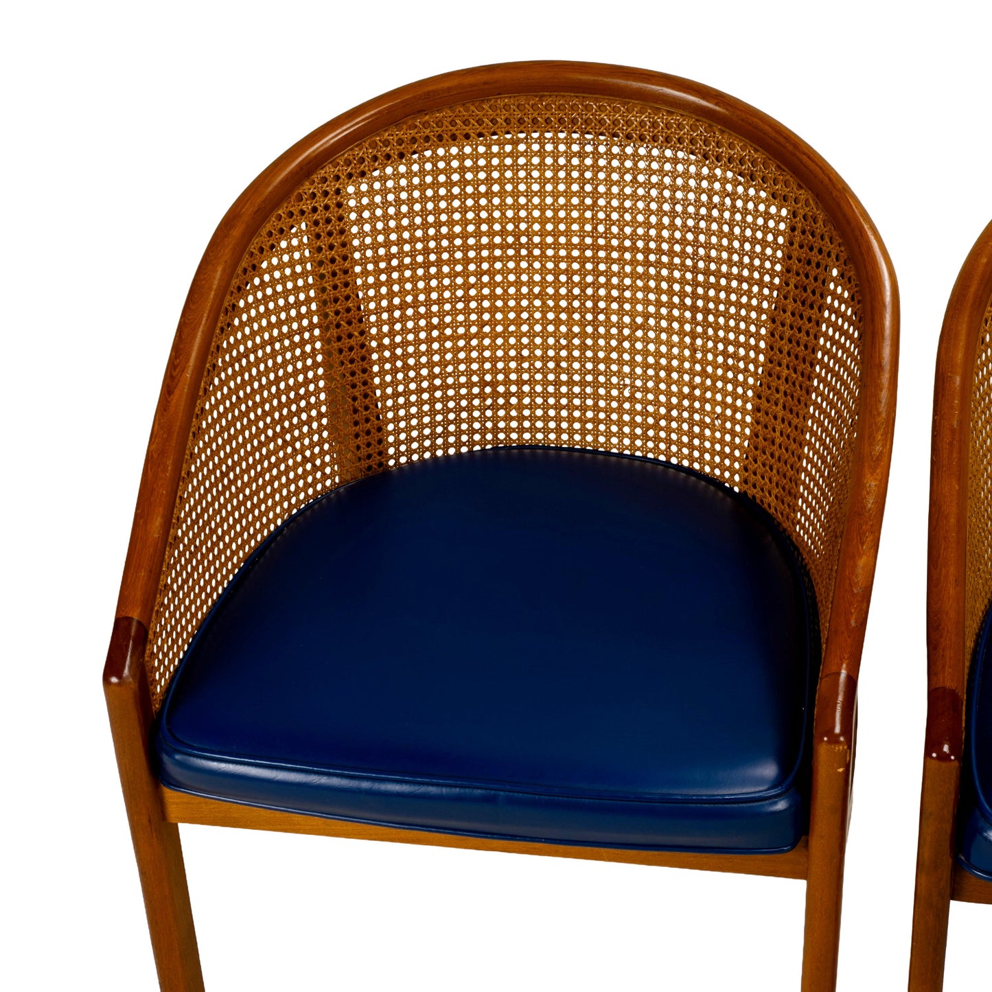 Set of 4 Bent Oak & Cane Tub Chairs on Casters W/ Royal Blue Cushions in the Manner of Ward Bennett